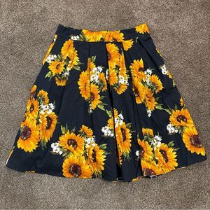 Sunflower Midi Skirt Size L Black Cotton Pleated Boho Cottagecore Garden Pockets